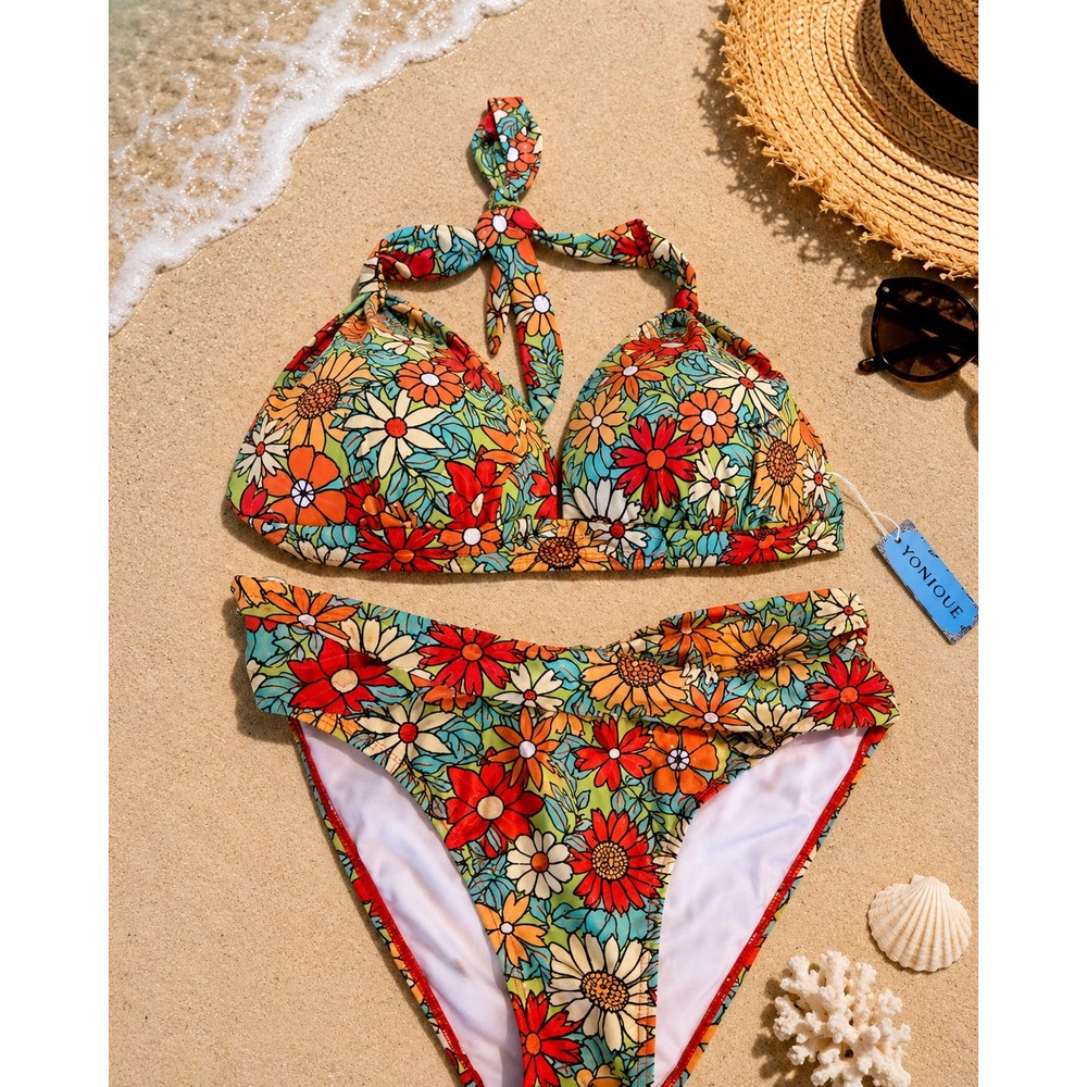 70s Vibe Bikini Two Piece Floral High Waisted Swimsuit Large NWT
